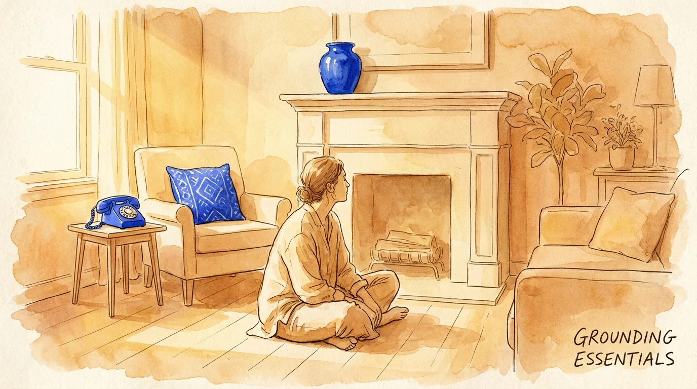 Watercolor illustration of a cozy living room with three bright blue objects highlighted, showing a person practicing a grounding exercise.