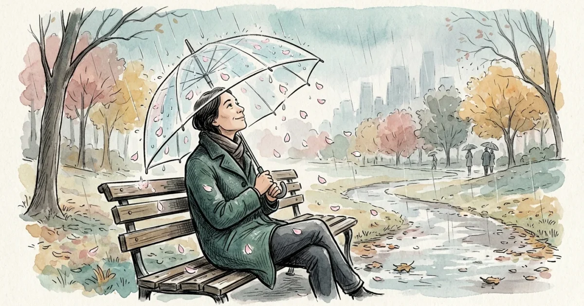 Watercolor illustration of a person sitting calmly on a park bench under a clear umbrella as raindrops turn into flower petals.
