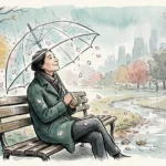 Watercolor illustration of a person sitting calmly on a park bench under a clear umbrella as raindrops turn into flower petals.