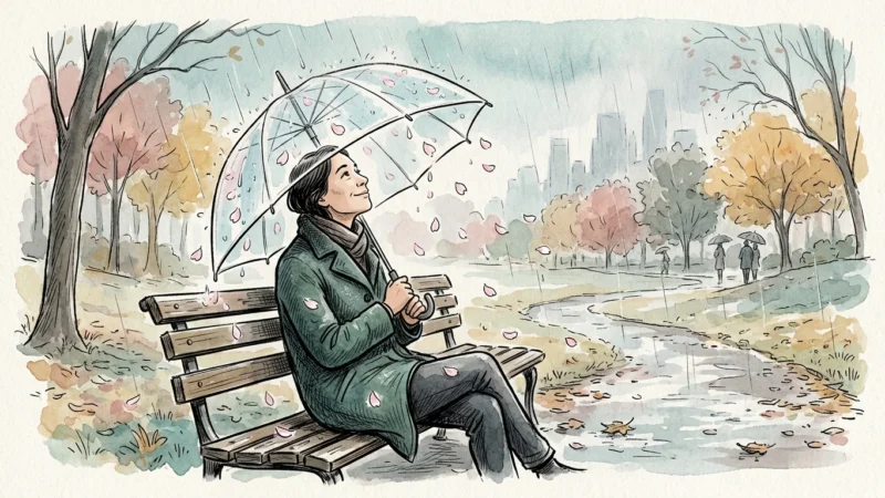 Watercolor illustration of a person sitting calmly on a park bench under a clear umbrella as raindrops turn into flower petals.