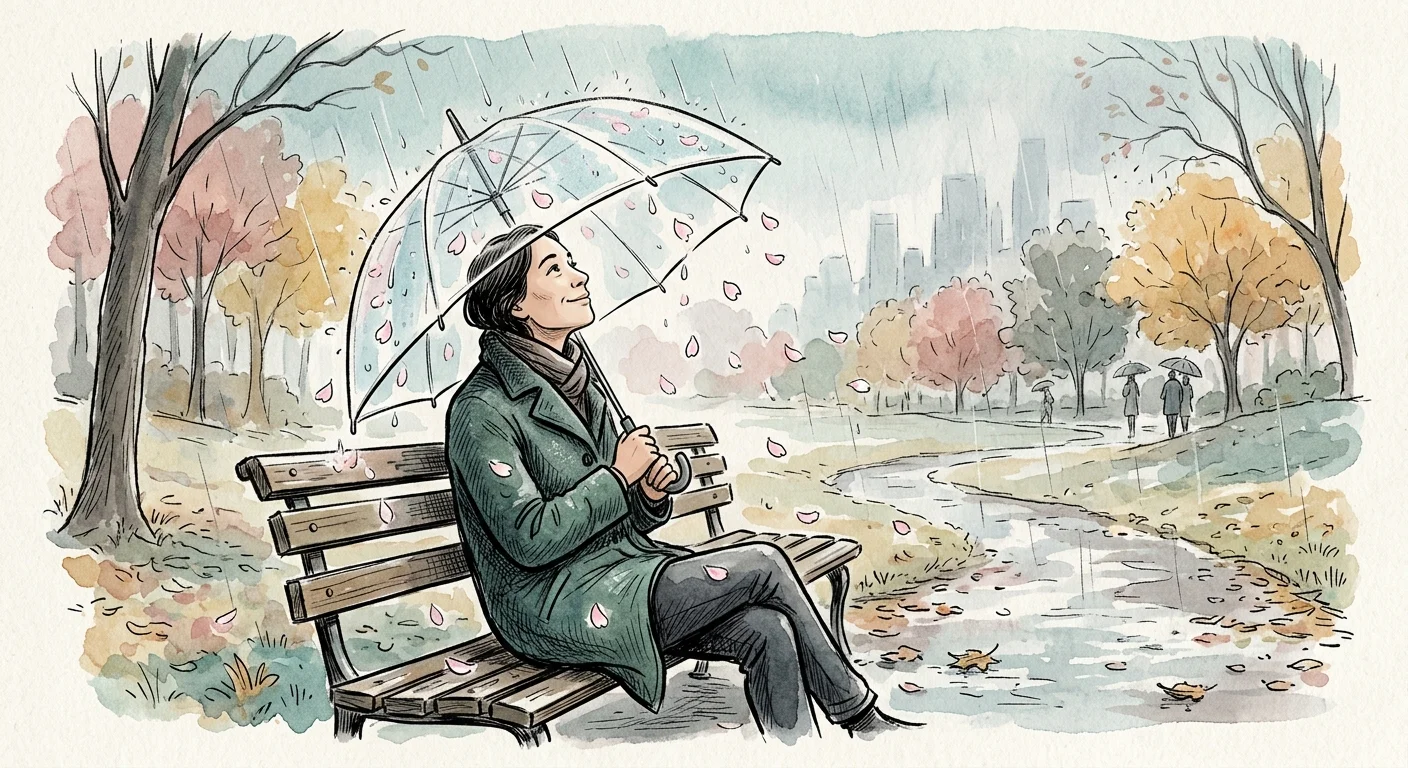 Watercolor illustration of a person sitting calmly on a park bench under a clear umbrella as raindrops turn into flower petals.