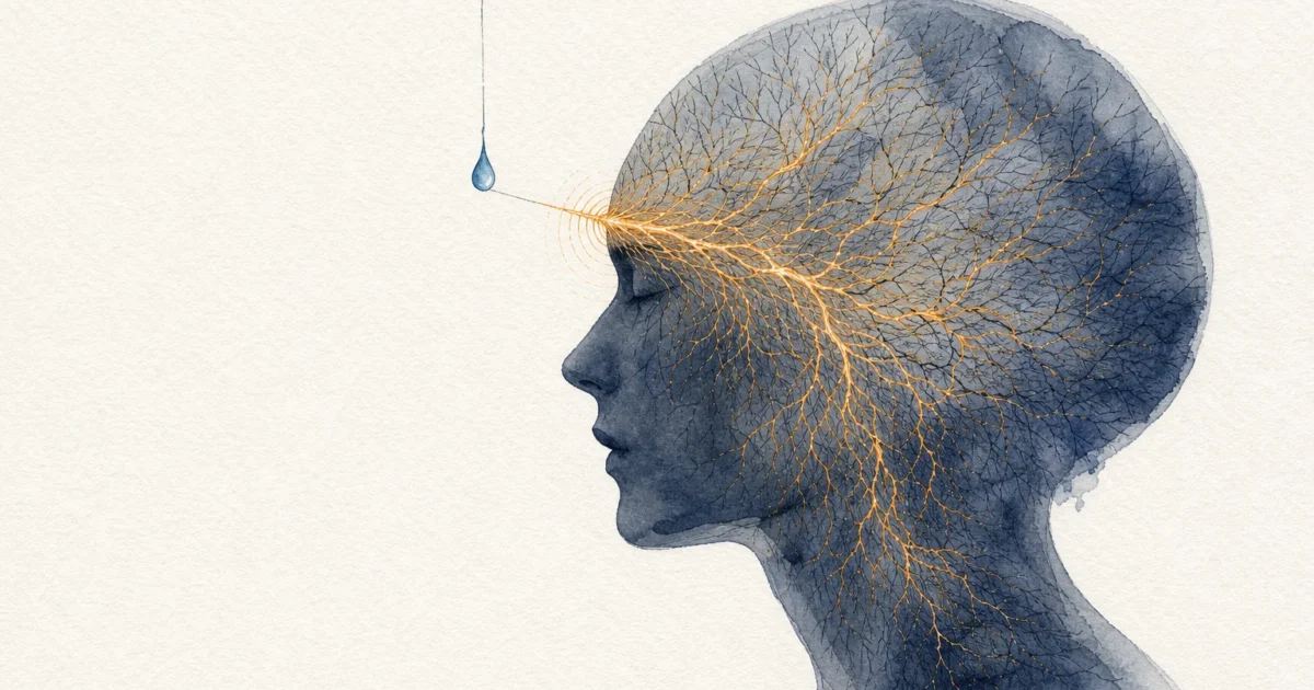 Watercolor illustration of a profile silhouette containing delicate, glowing roots that ripple in response to a single falling droplet.