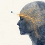 Watercolor illustration of a profile silhouette containing delicate, glowing roots that ripple in response to a single falling droplet.