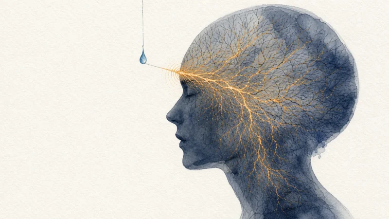 Watercolor illustration of a profile silhouette containing delicate, glowing roots that ripple in response to a single falling droplet.