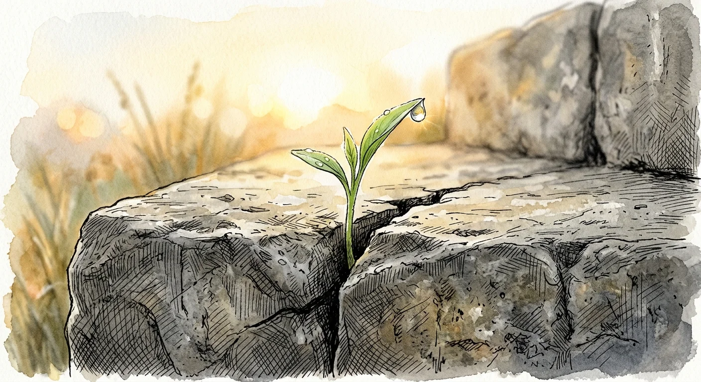 Watercolor illustration of a small green plant sprout growing out of a crack in a solid stone step.