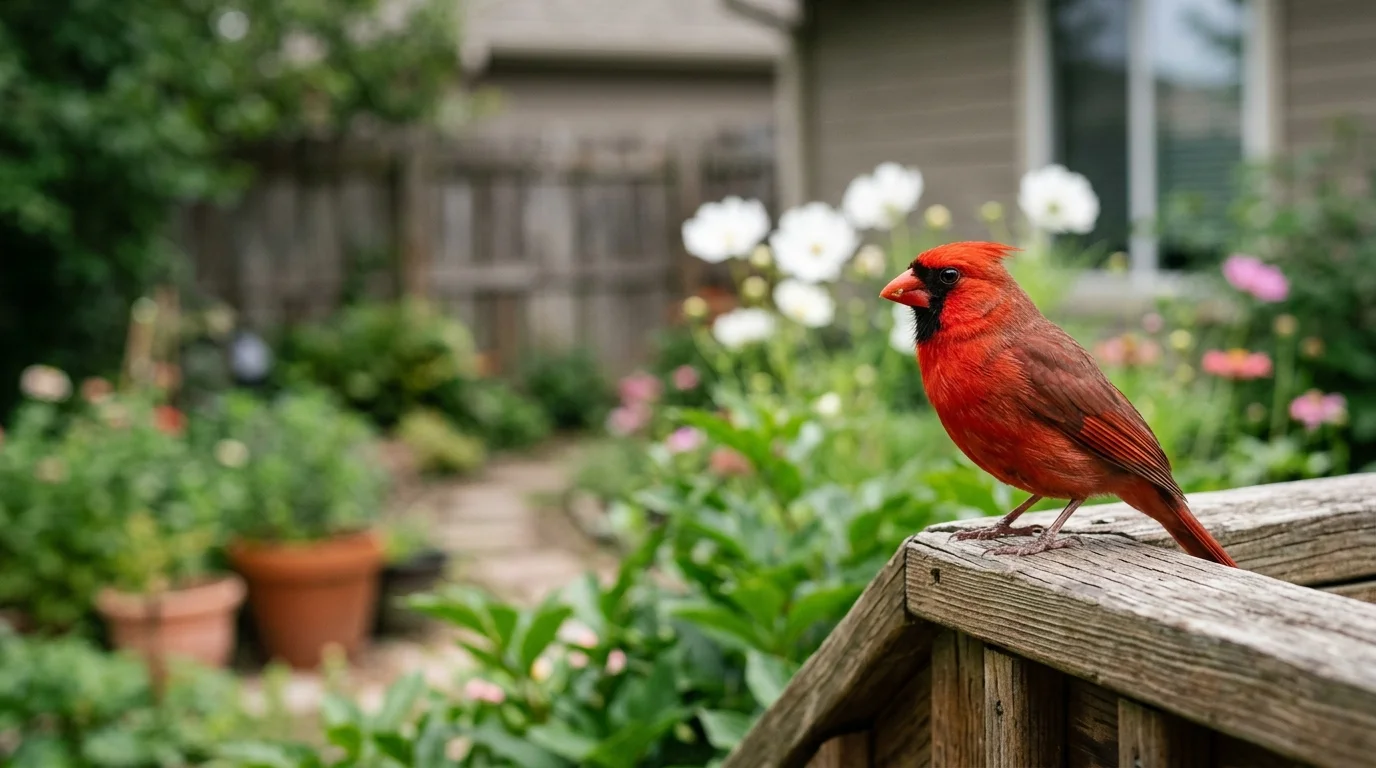 A bright red northern cardinal perches on a wooden fence railing in a lush backyard garden.