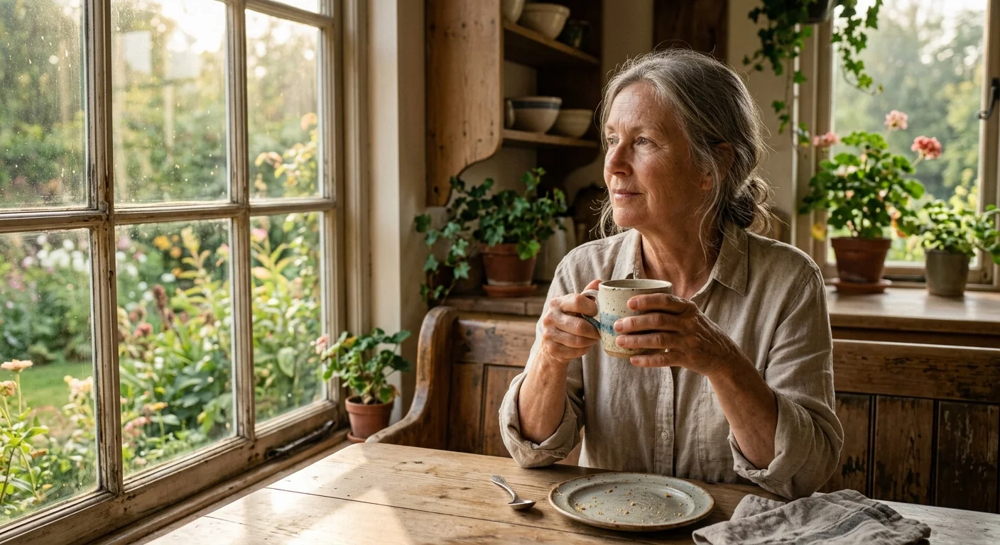 A candid photograph of a mature adult holding a ceramic mug in a sunlit kitchen nook, looking thoughtfully out the window.