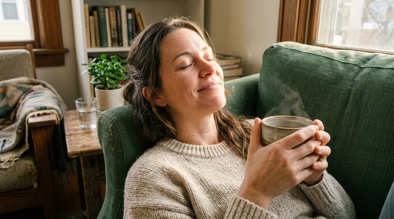 A candid photograph of a woman sitting in a green armchair with her eyes closed, smiling peacefully as she holds a warm mug.