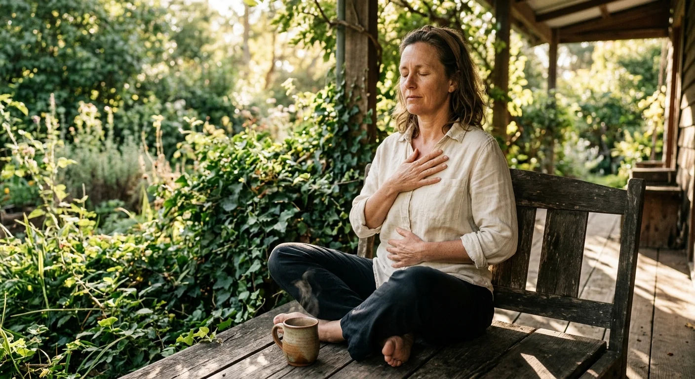 A candid photograph of a woman sitting on a wooden bench with eyes closed, placing her hands on her chest and stomach in mindfulness.