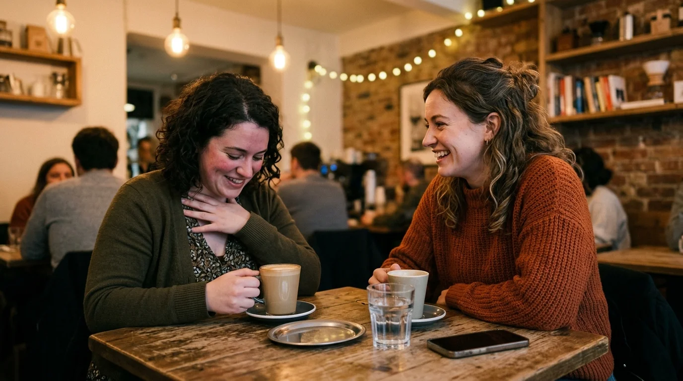 A candid snapshot of a woman laughing nervously and looking down while her friend offers a warm compliment at a cafe.
