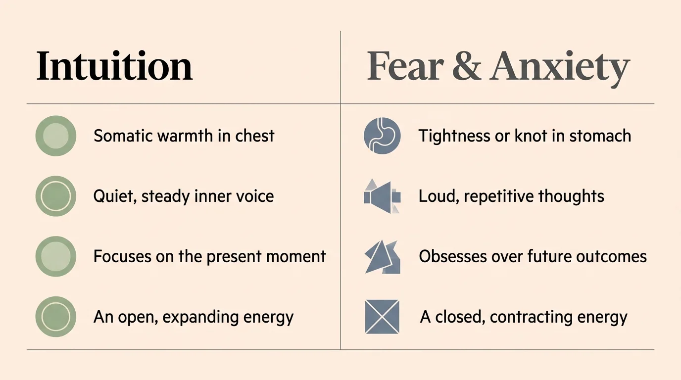 A clean, horizontal comparison chart contrasting the calm physical signs of intuition with the tight, repetitive signs of fear.