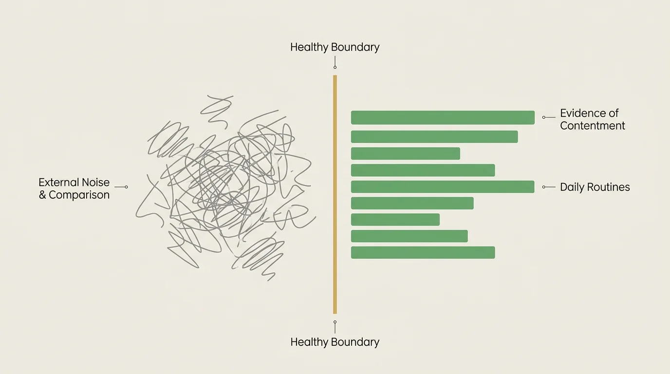 A clean, horizontal diagram showing a golden boundary line separating chaotic external noise from structured internal contentment.