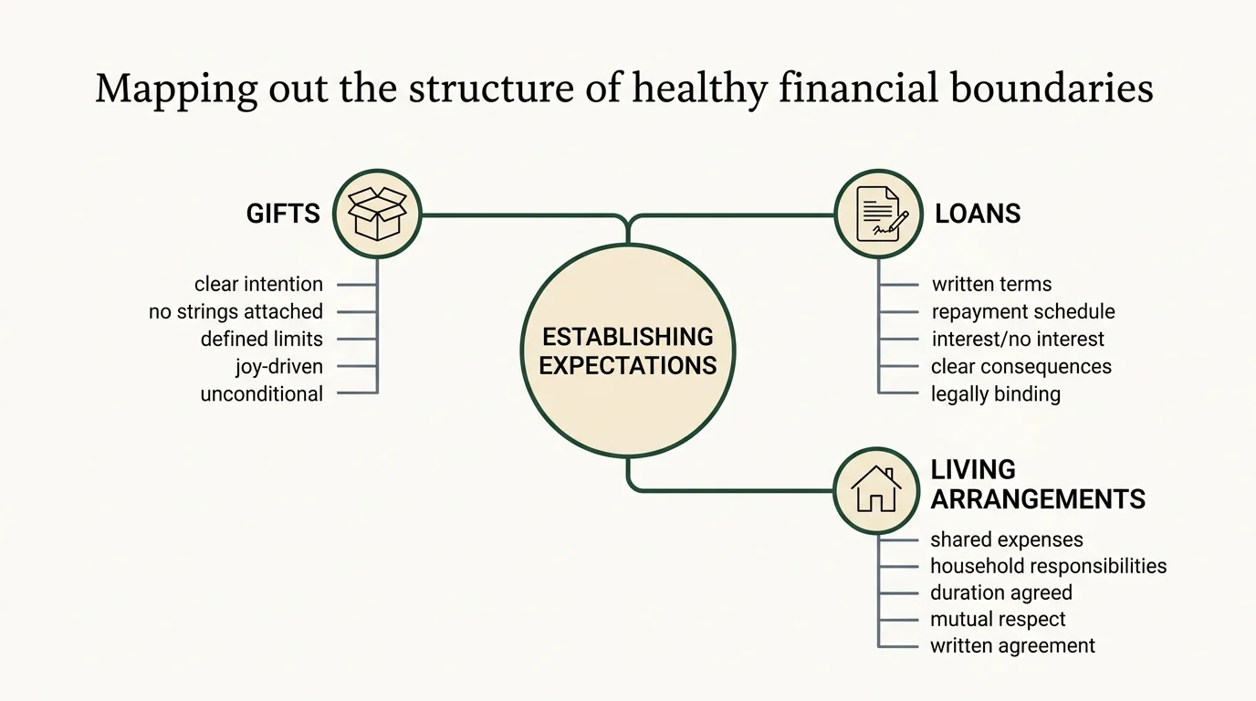 A clean, horizontal diagram structuring boundaries into three categories: gifts, loans, and living arrangements.