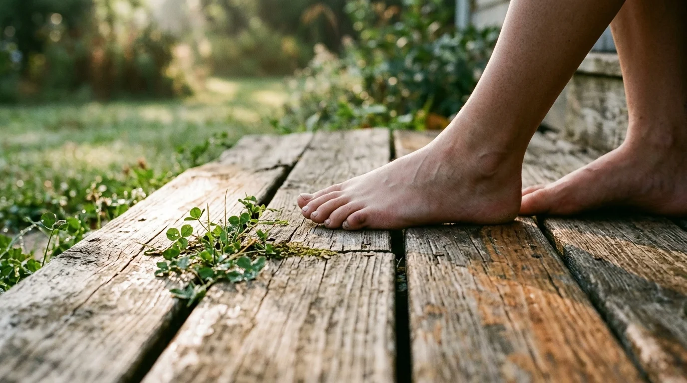 A close-up film photo of bare feet resting on a sunlit, rustic wooden deck with tiny green clovers.