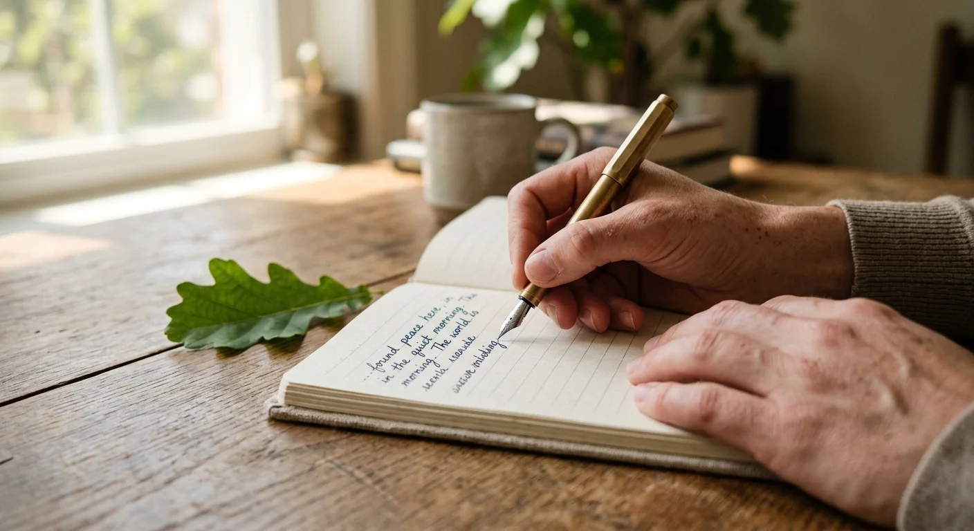 A close-up photograph of a person journaling on a wooden table, capturing a moment of personal reflection.
