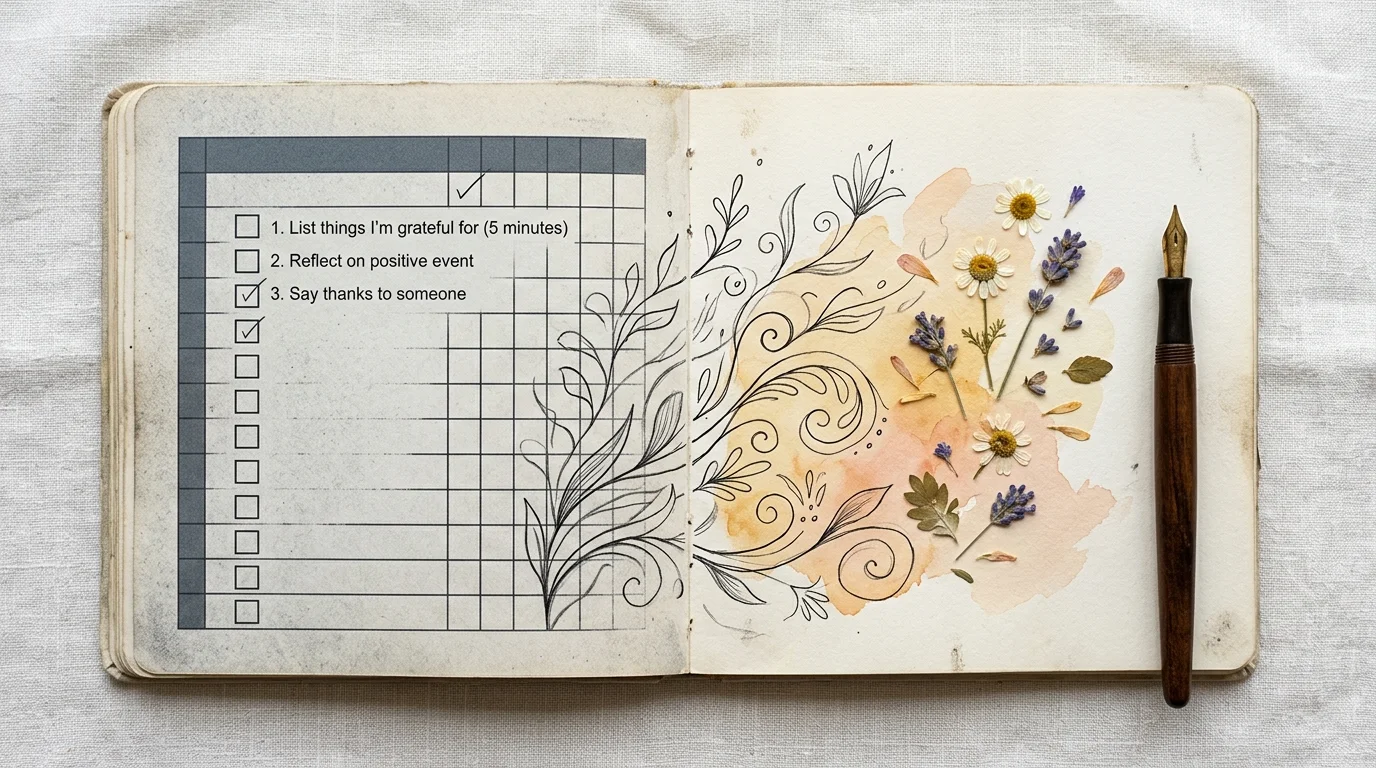 A collage showing a rigid checklist on a notebook page dissolving into organic watercolor brushstrokes and pressed wildflowers.