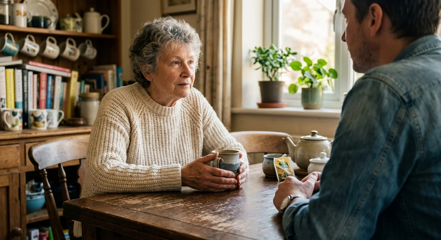 A documentary-style photo of a retired woman sitting at a kitchen table, listening thoughtfully during a conversation with her adult child.