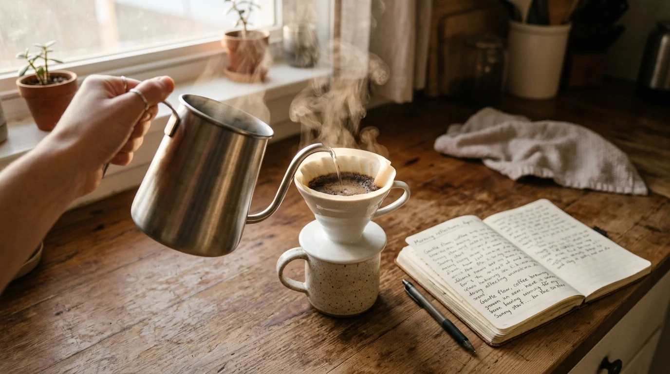 A first-person view of pouring hot water into a pour-over coffee maker on a sunlit wooden counter next to an open journal.