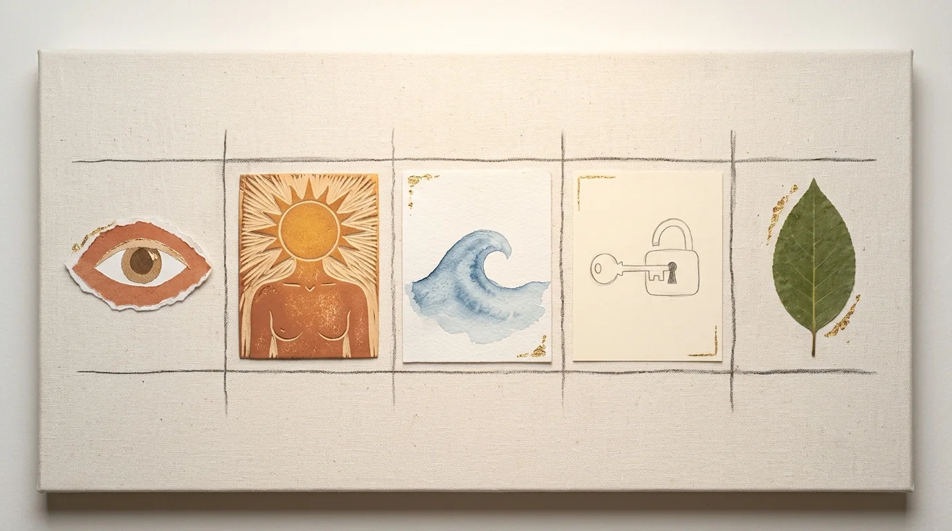 A horizontal grid of five textured artistic symbols representing intuition, including an open eye, a golden sun, and a blue wave.