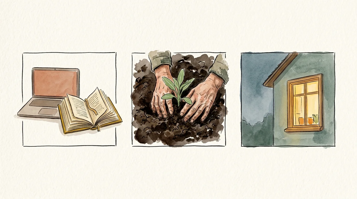 A horizontal illustration showing three vignettes: a closed laptop next to a book, hands planting a seedling, and a warm glowing window.