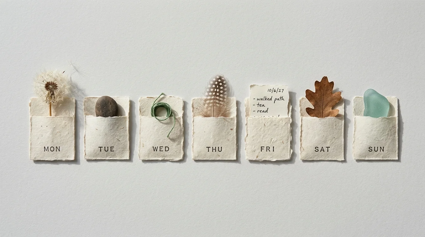 A horizontal row of seven handmade paper pockets labeled Monday through Sunday, each holding a small natural treasure like a leaf or pebble.