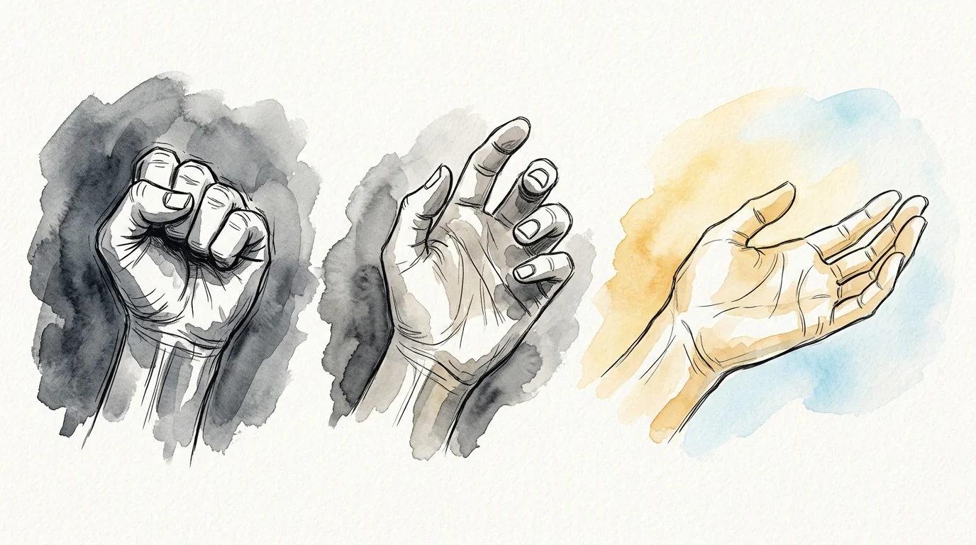 A horizontal sequence illustration showing a tight fist loosening and opening into a relaxed palm, bathed in warm golden light.