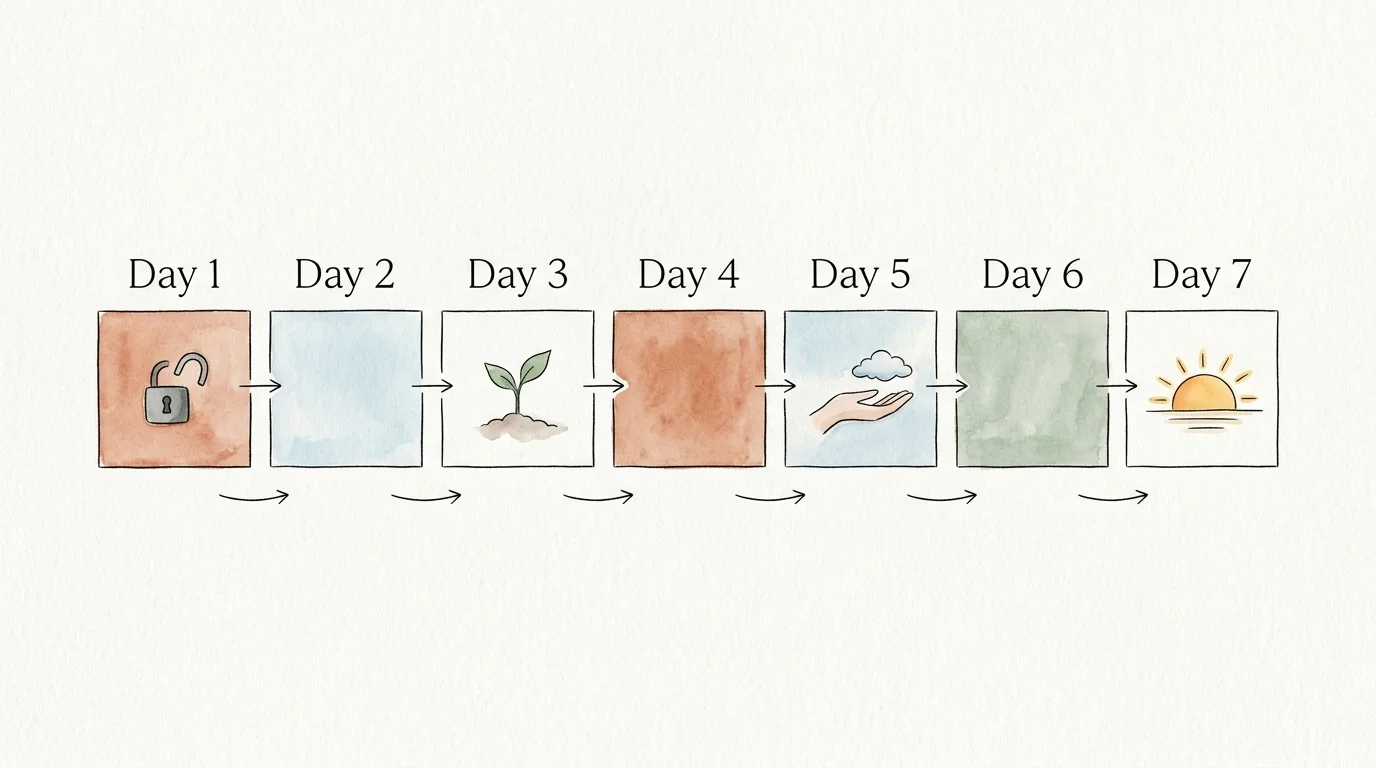 A horizontal watercolor and ink diagram outlining a gentle 7-day plan with symbolic icons for unlocking, growth, and release.