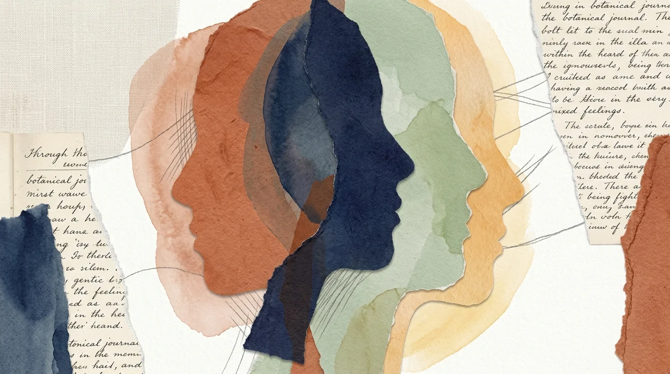 Paper collage of overlapping head silhouettes in watercolor tones of blue, green, peach, and rust with handwritten text.