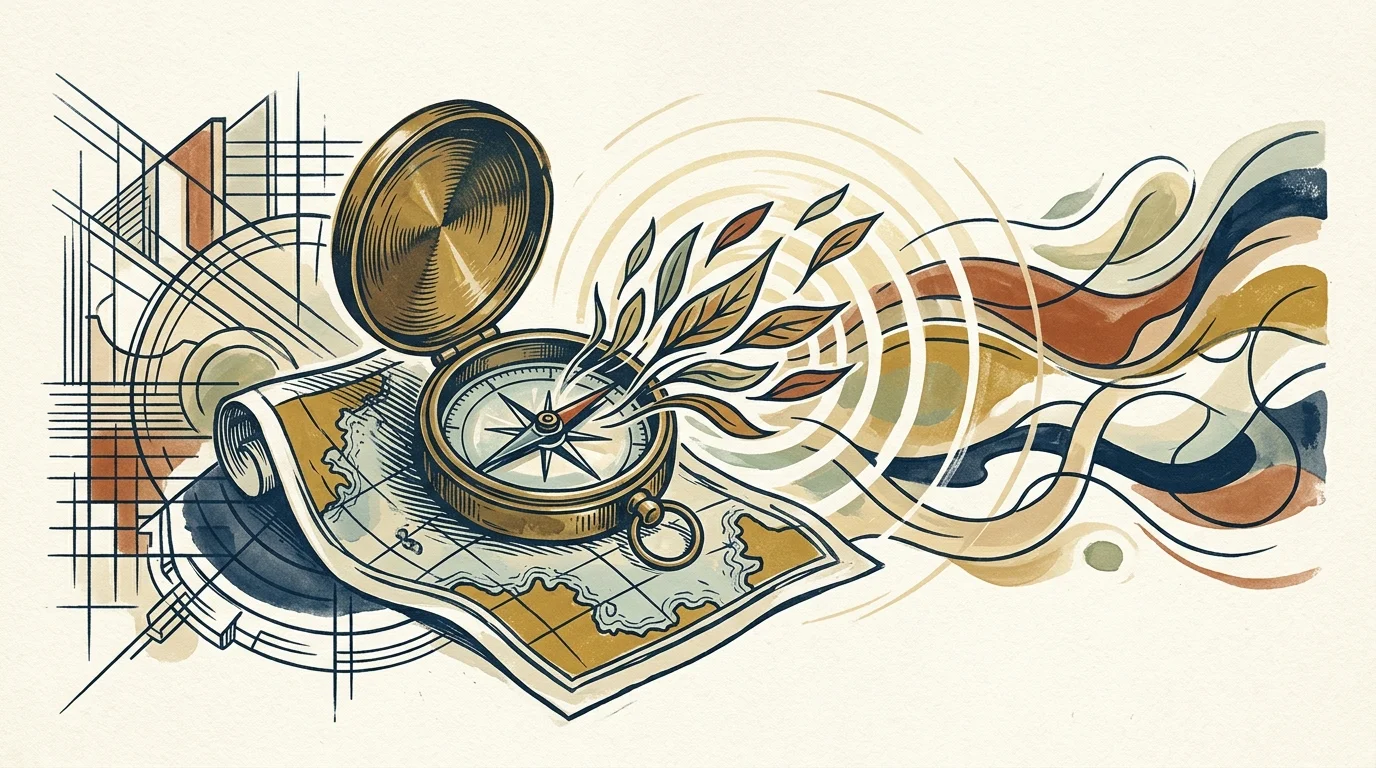 Illustration of an open brass compass resting on a map with leaves blowing out in flowing colorful waves.