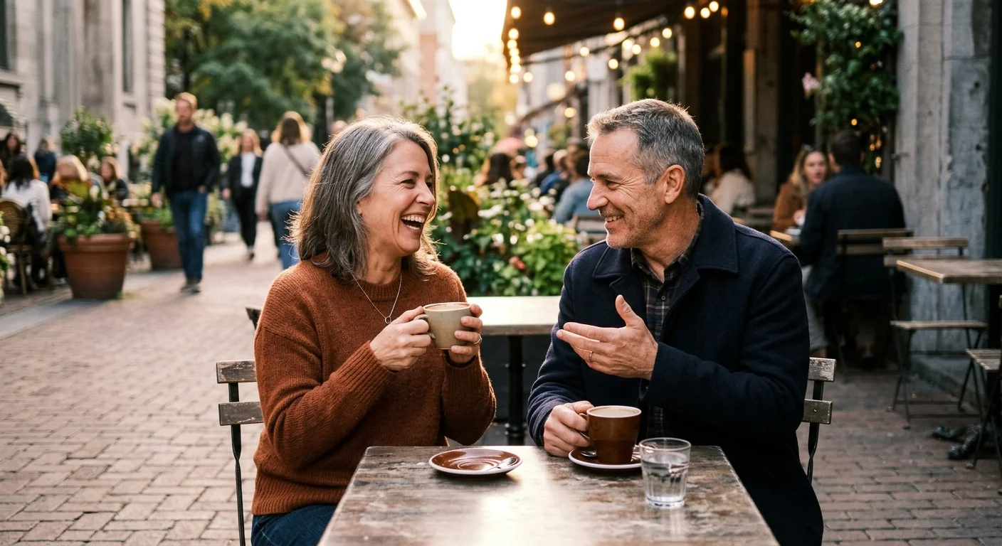 A man and woman in their early 50s share a warm, candid laugh over coffee at an outdoor cafe table.