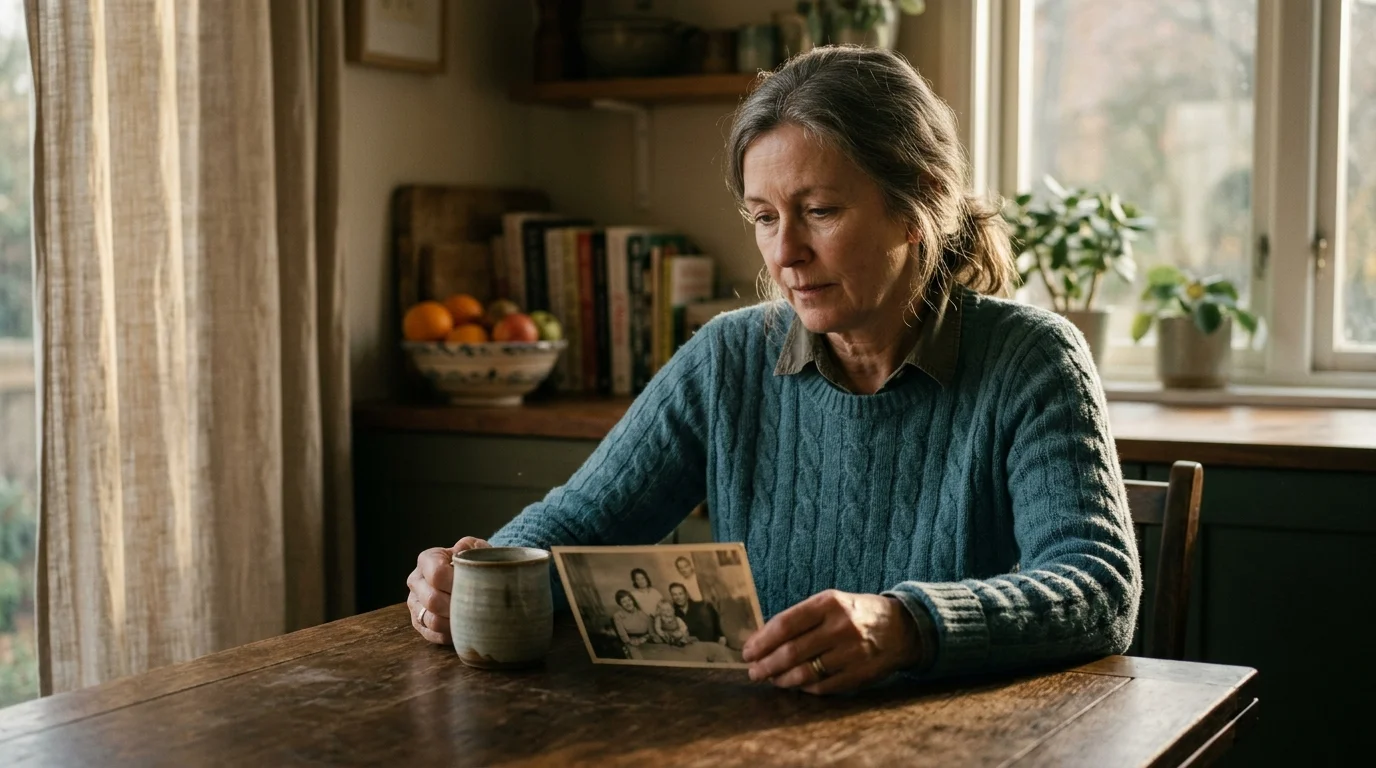 A mature woman sitting thoughtfully at her kitchen table looking at an old family photograph in warm afternoon light.