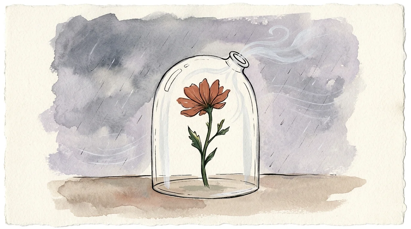 Watercolor illustration of a single reddish-orange flower sheltered inside a glass cloche during a rainstorm.