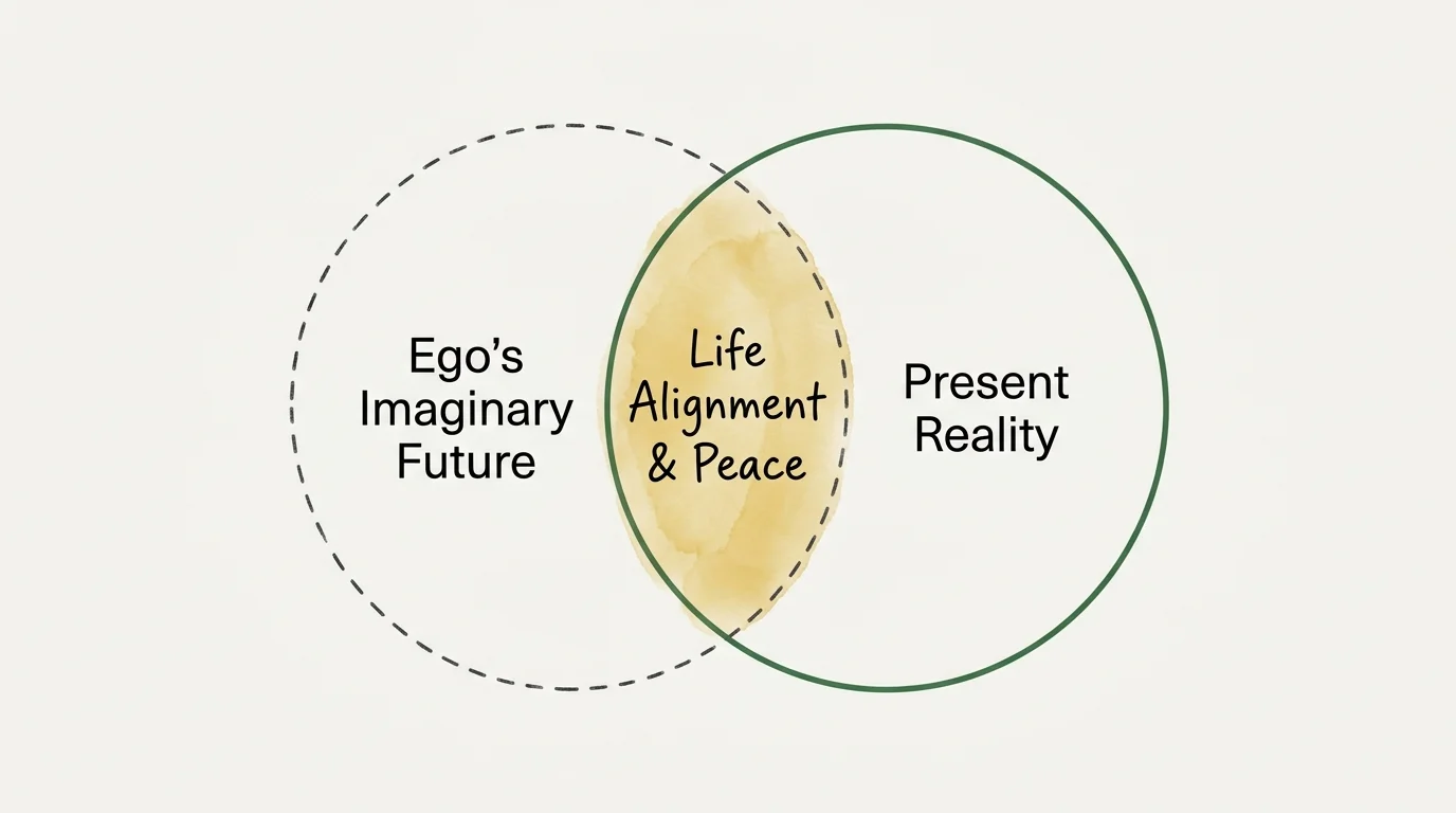 A minimalist Venn diagram showing the overlap between Ego's Imaginary Future and Present Reality as Life Alignment & Peace.