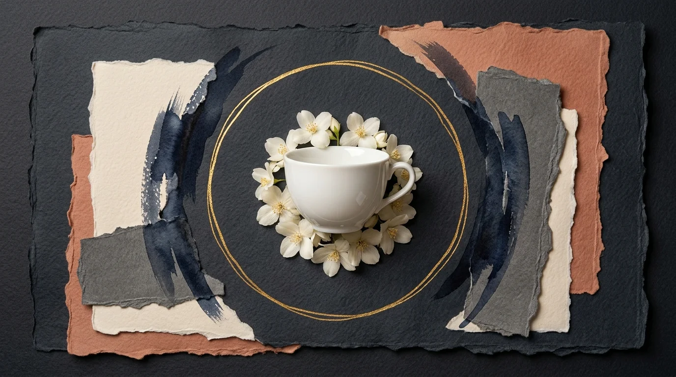 A mixed-media collage of a delicate white teacup protected inside a glowing golden circle, surrounded by dark indigo brushstrokes.