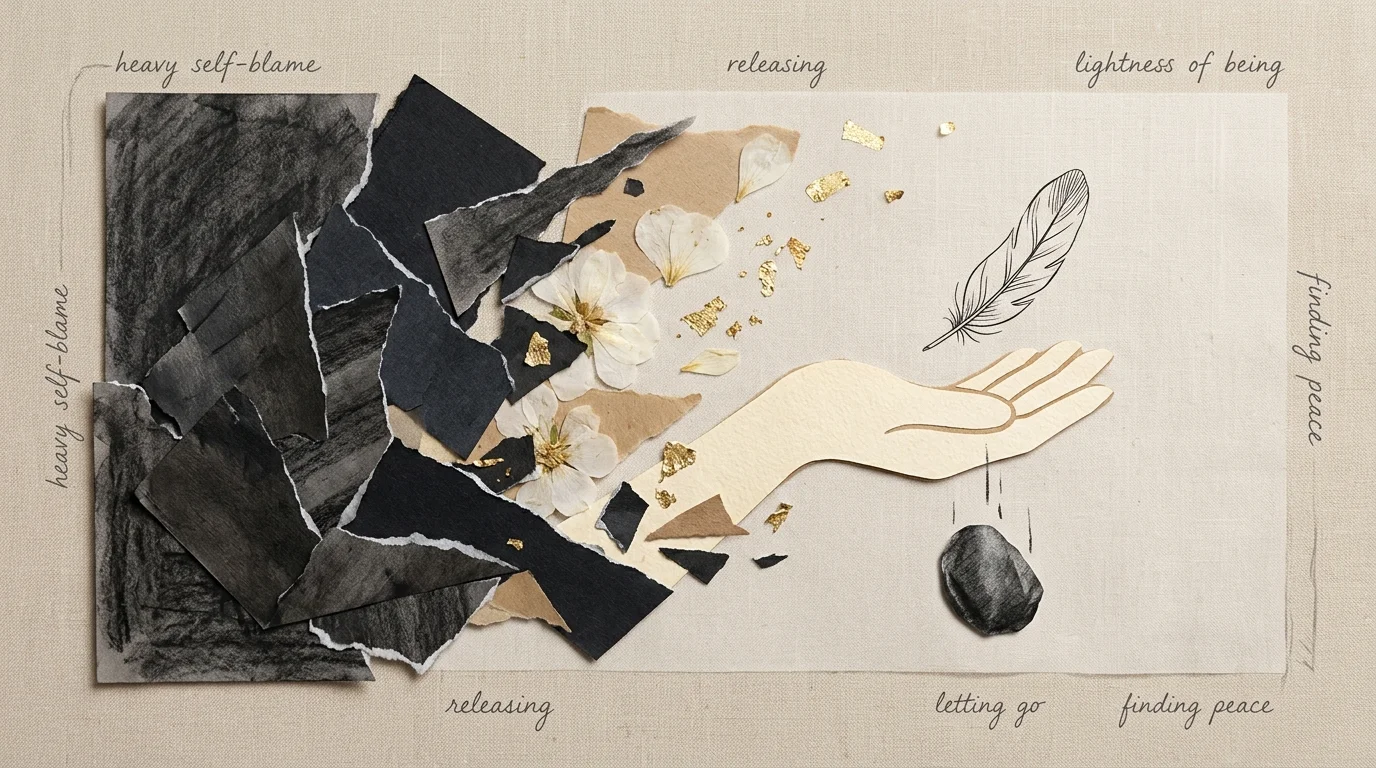 A mixed media collage showing a hand letting go of a heavy dark stone, which transforms into a light feather and floating flower petals.