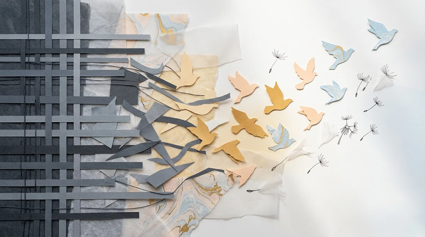 Paper collage transitioning from a rigid gray lattice into colorful cutout birds and dandelion seeds flying freely.