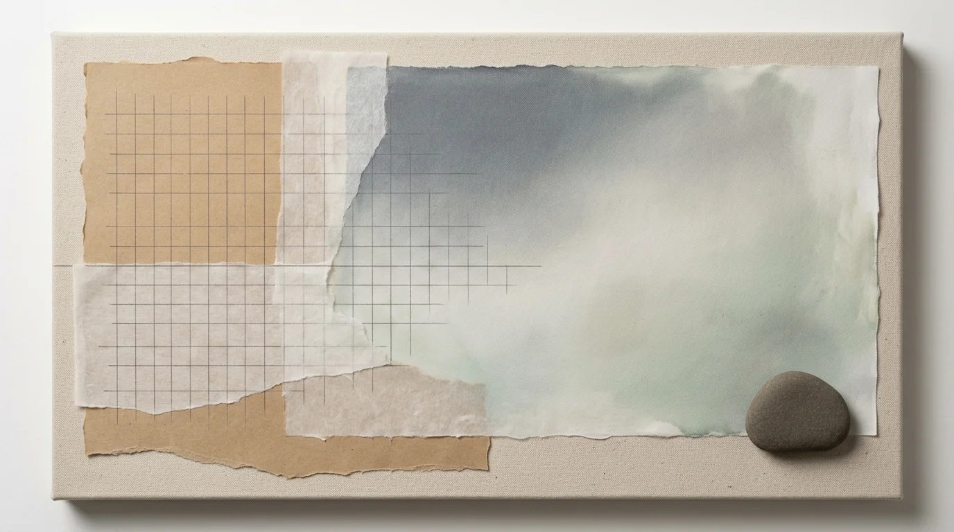 Canvas collage of torn kraft paper, grid lines, soft watercolor paper, and a smooth stone.