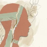 A mixed-media paper collage of a human profile with a gold-mended tear down the center, symbolizing healing and self-forgiveness.