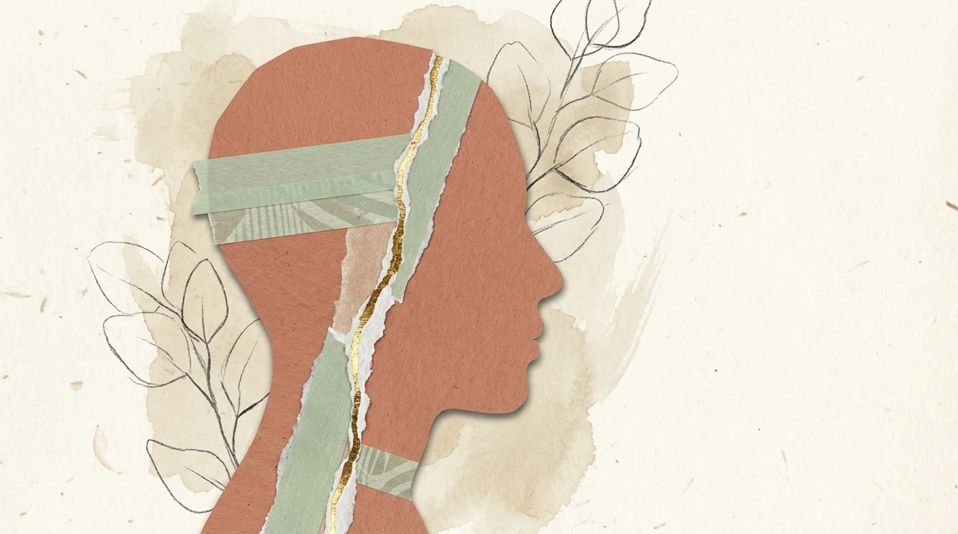 A mixed-media paper collage of a human profile with a gold-mended tear down the center, symbolizing healing and self-forgiveness.