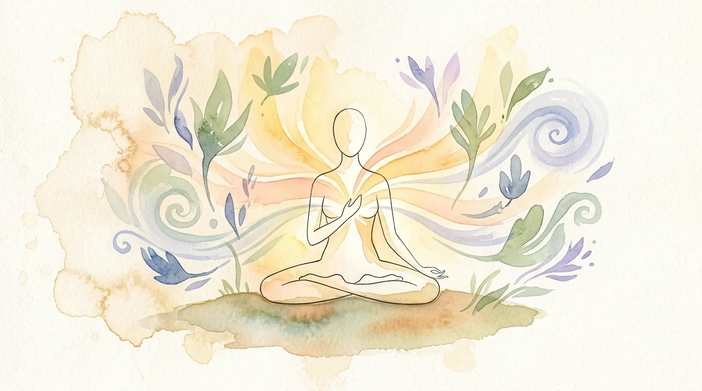 A peaceful illustration of a meditating figure absorbing warm, golden light into their chest.