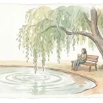 A peaceful watercolor illustration of a person sitting on a bench under a willow tree by a calm pond, evoking inner peace.