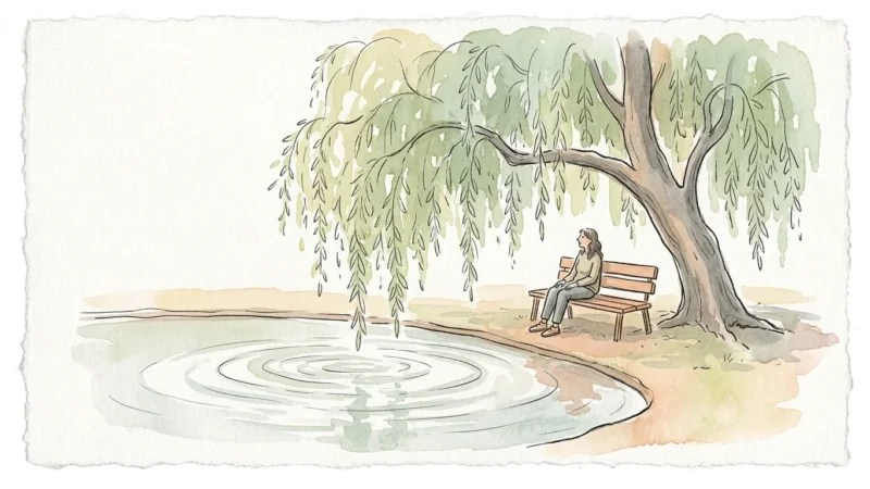 A peaceful watercolor illustration of a person sitting on a bench under a willow tree by a calm pond, evoking inner peace.