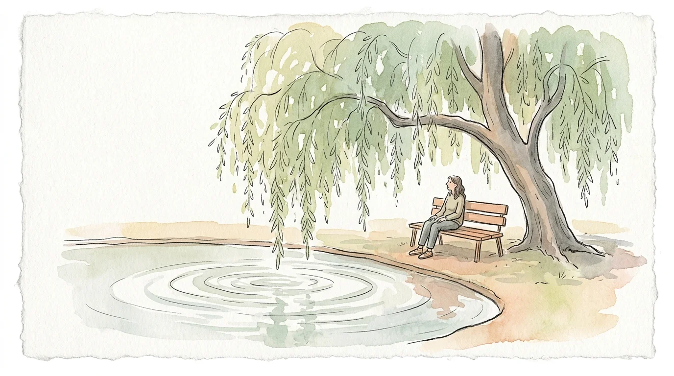 A peaceful watercolor illustration of a person sitting on a bench under a willow tree by a calm pond, evoking inner peace.