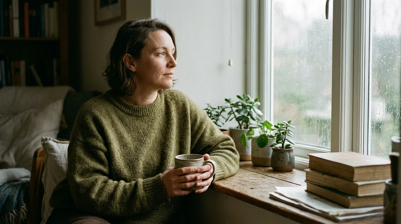 A person in a knit sweater sits quietly by a rainy window, holding a warm mug in a cozy room.