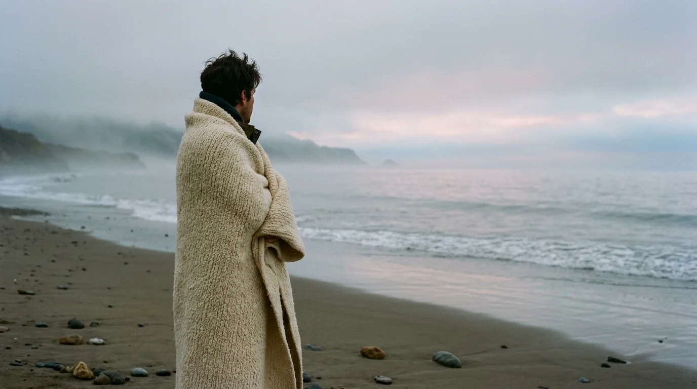 A photograph of a person wrapped in a cream wool blanket standing on a misty shoreline, looking out at a calm sea.