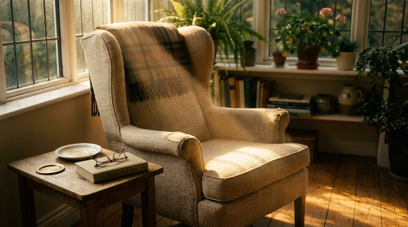 Sunlight streams onto an empty fabric armchair beside a wooden side table with a book and eyeglasses.