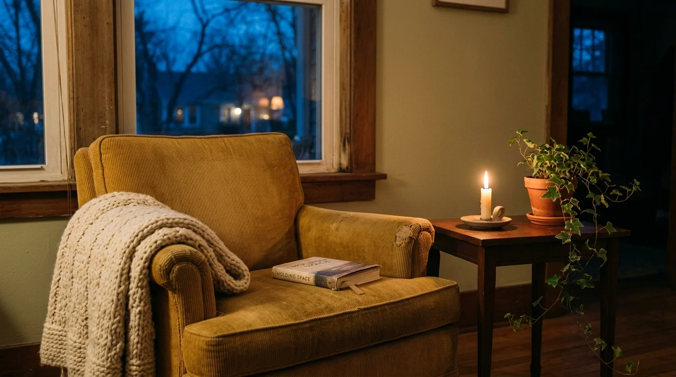 A warm beeswax candle burns next to an armchair and a small plant in a cozy room during twilight.