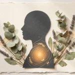 A warm mixed-media collage of a human silhouette with a glowing gold heart, surrounded by pressed eucalyptus leaves on textured paper.
