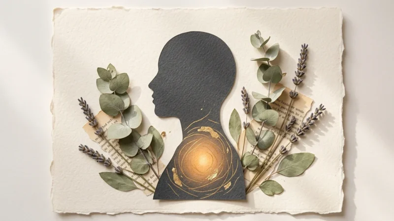 A warm mixed-media collage of a human silhouette with a glowing gold heart, surrounded by pressed eucalyptus leaves on textured paper.