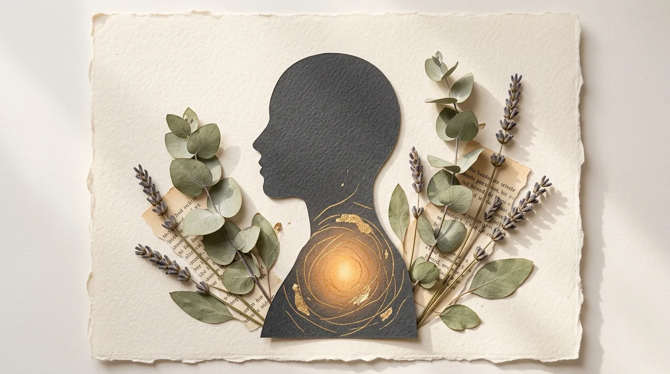 A warm mixed-media collage of a human silhouette with a glowing gold heart, surrounded by pressed eucalyptus leaves on textured paper.